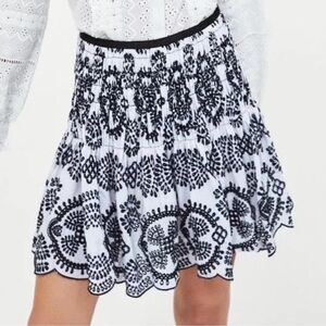 Zara Black White Embroidered Eyelet Smocked Waist Tiered Skirt Size Small